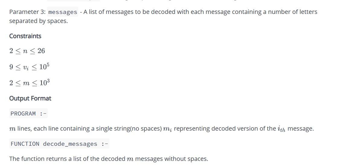 Parameter 3: messages - A list of messages to be decoded with each message containing a number of letters separated by spaces