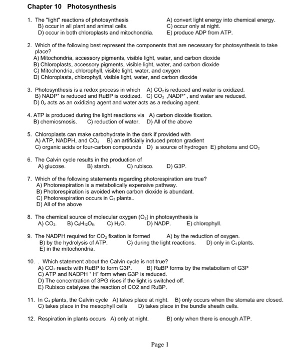 Solved Chapter 10 Photosynthesis 1. The 