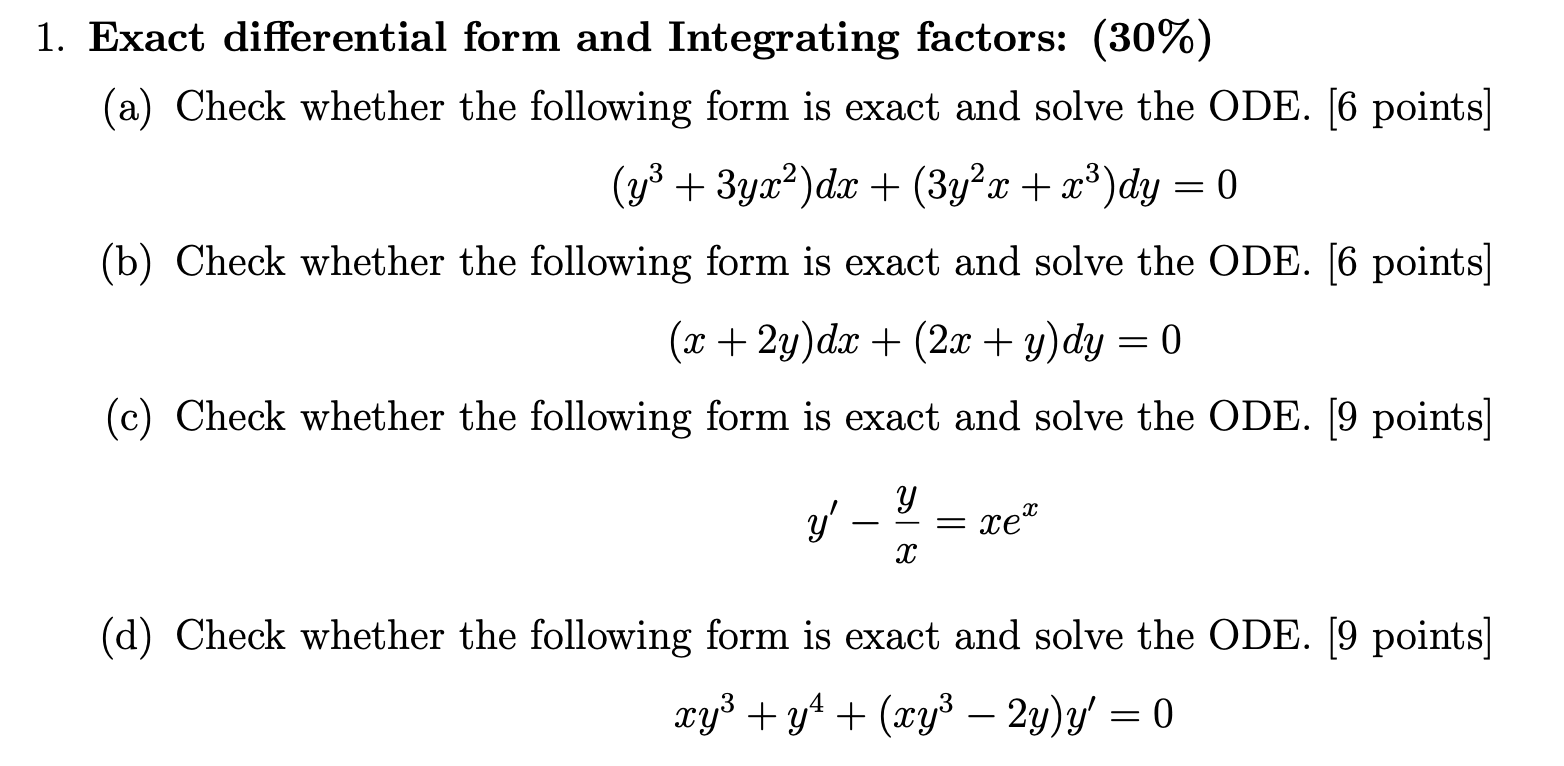 Solved 1. Exact differential form and Integrating factors: | Chegg.com