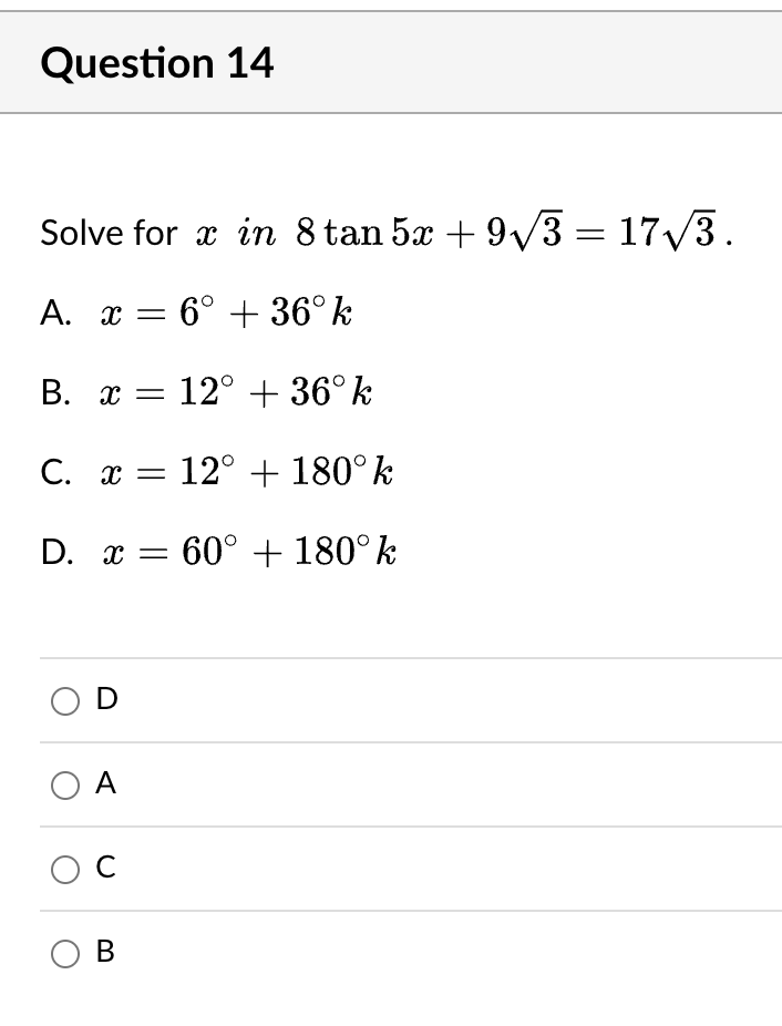 Solved Solve For X In 8tan5x93173 A X6∘36∘k B 