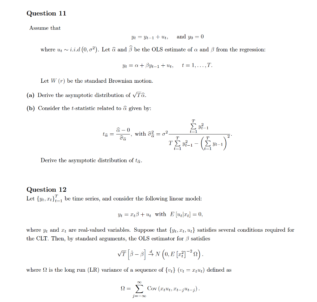 Question 11 Assume That Yt Yt 1 Ut And Yo 0 W Chegg Com