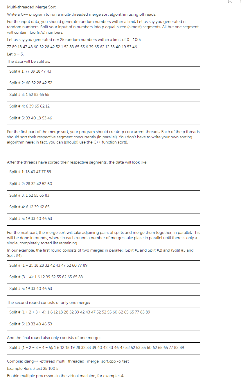 Σ Multi-threaded Merge Sort Write a C++ program to | Chegg.com