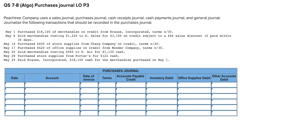 Solved QS 7-8 (Algo) Purchases journal LO P3 Peachtree | Chegg.com