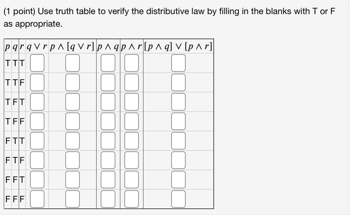 Solved (1 point) Use truth table to verify the distributive | Chegg.com