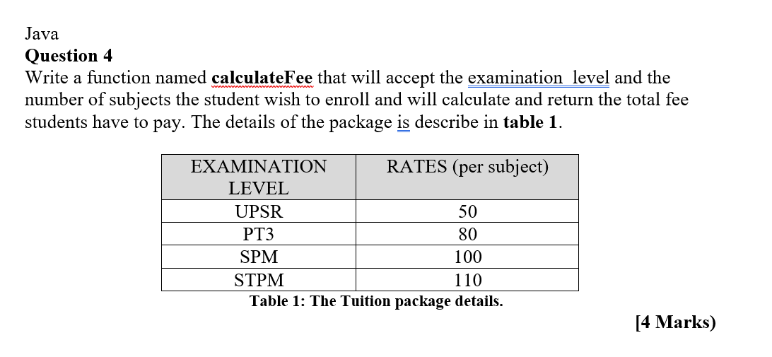 Solved Java Question 4 Write a function named calculateFee | Chegg.com