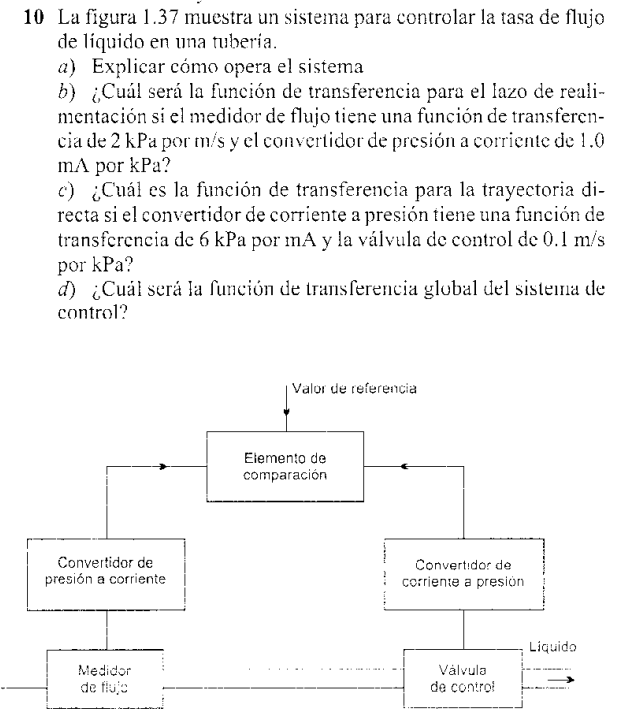 10 La figura 1.37 muestra un sistema para controlar la tasa de flujo de liquido en una tuberia. a) Explicar cómo opera el sis