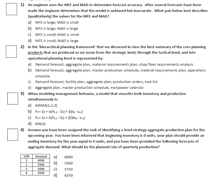 Solved 1) An engineer uses the MFE and MAD to determine | Chegg.com