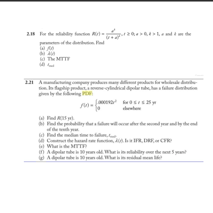 Solved 2 18 For The Reliability Function R T T 2 0 A