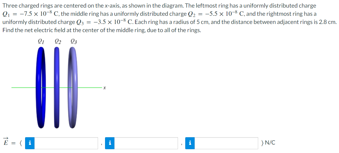 Solved Three charged rings are centered on the x-axis, as | Chegg.com