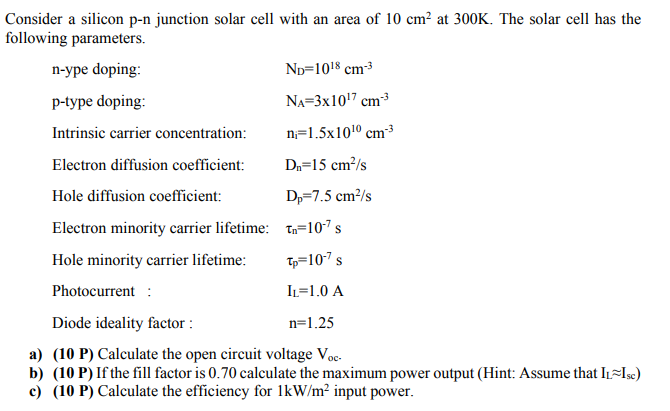 Solved Consider a silicon p-n junction solar cell with an | Chegg.com