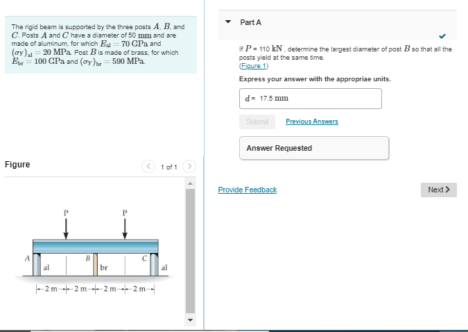 Solved Part A The rigid beam is supported by the three posts | Chegg.com