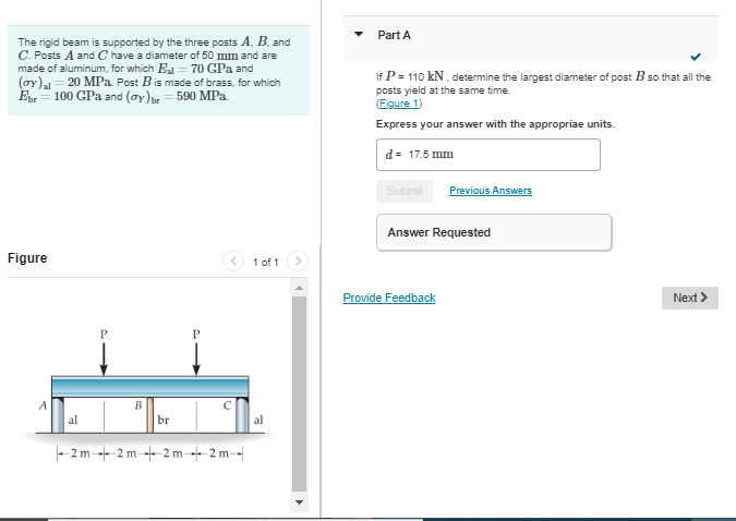 Solved Part A The Rigid Beam Is Supported By The Three Posts | Chegg.com