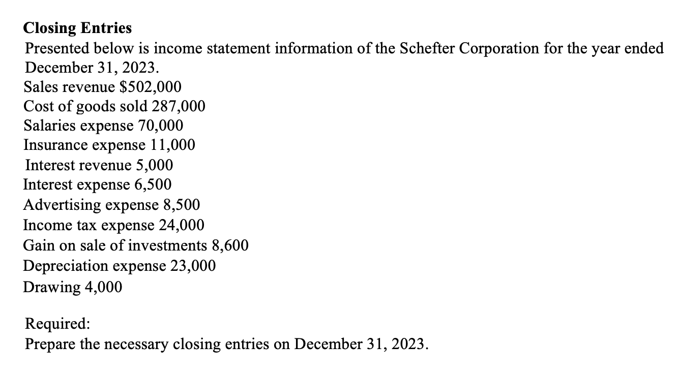Solved CLOSING ENTRIESPresented below is income statement | Chegg.com