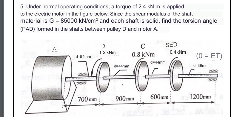 5. Under normal operating conditions, a torque of \( 2.4 \mathrm{kN} . \mathrm{m} \) is applied to the electric motor in the