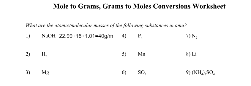 Solved Mole to Grams, Grams to Moles Conversions Worksheet | Chegg.com