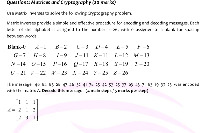 Solved Question2 Matrices And Cryptography 20 Marks Us Chegg Com