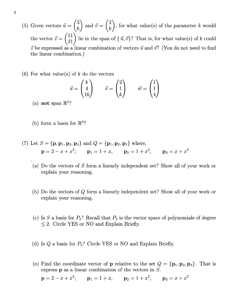 Solved 6 (5) Given vectors ū= and ū= (2) for what value(s) | Chegg.com