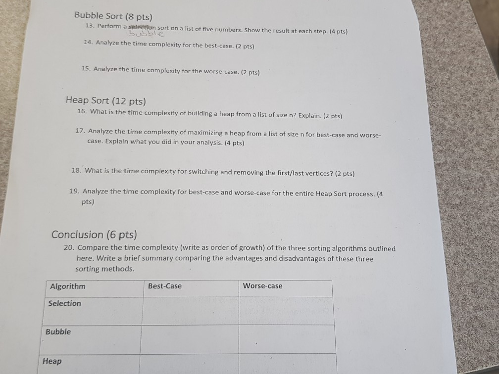 Solved Bubble Sort (8 pts) 13. Perform a selection sort on a | Chegg.com