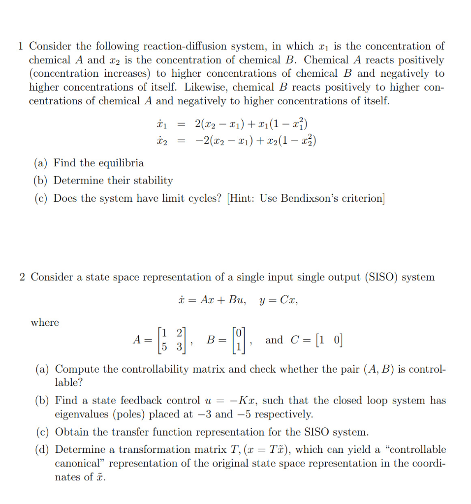 1 Consider the following reaction-diffusion system, | Chegg.com