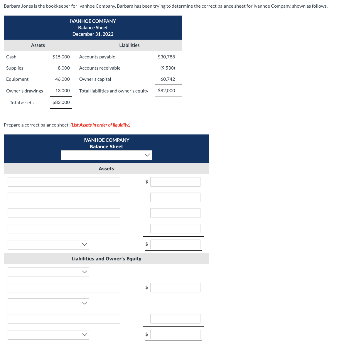 Solved Prepare a correct balance sheet. (List Assets in