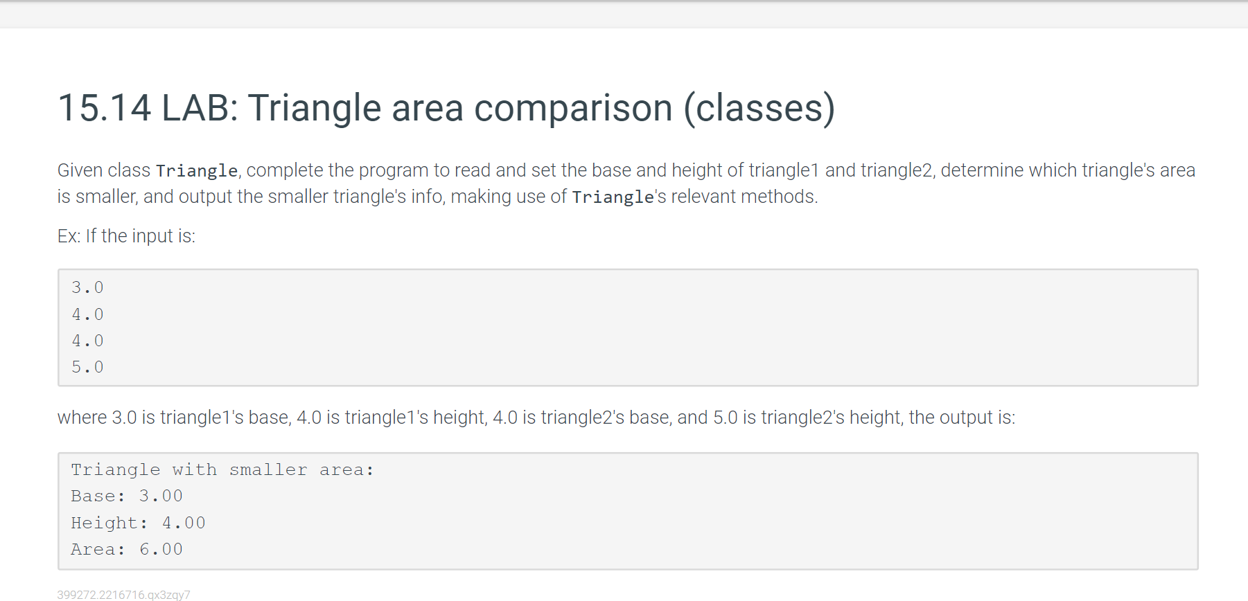 Solved 15.14 LAB: Triangle area comparison (classes) Given | Chegg.com