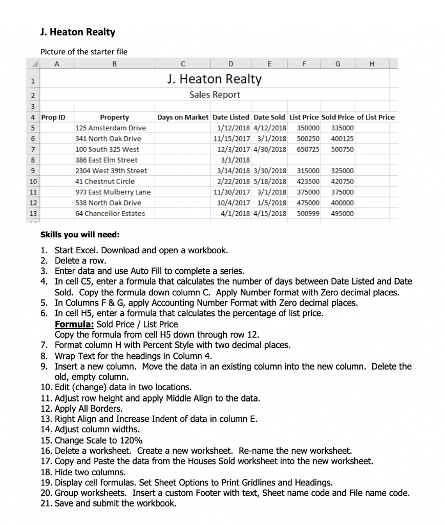J. Heaton Realty Picture of the starter file А E F G | Chegg.com