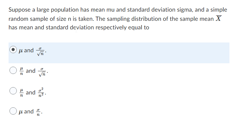 Solved Suppose a large population has mean mu and standard | Chegg.com
