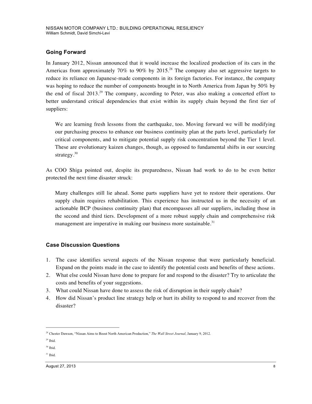 NISSAN motor company ltd.: building operational resiliency william schmidt, david simchi-levi going forward in january 2012,