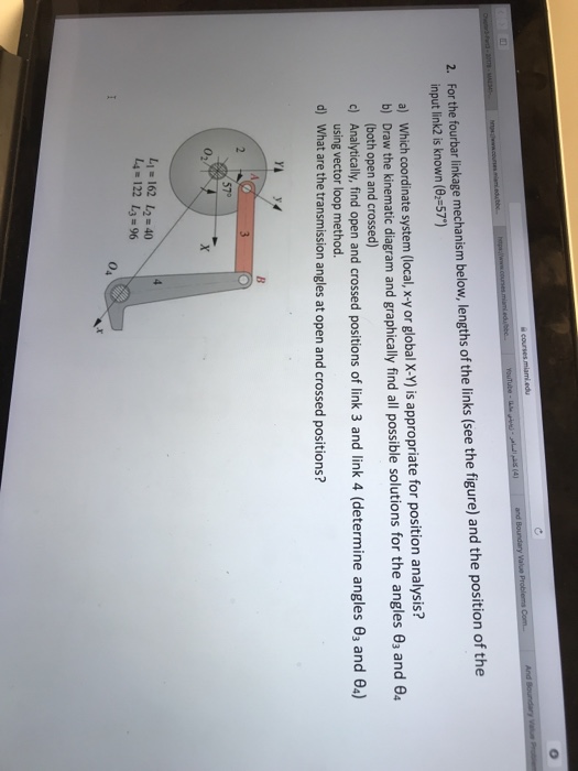 Solved For the fourbar linkage mechanism below, lengths of | Chegg.com