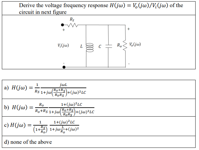 Solved Derive The Voltage Frequency Response 𝐻 𝑗𝜔 𝑉𝑜 Chegg Com