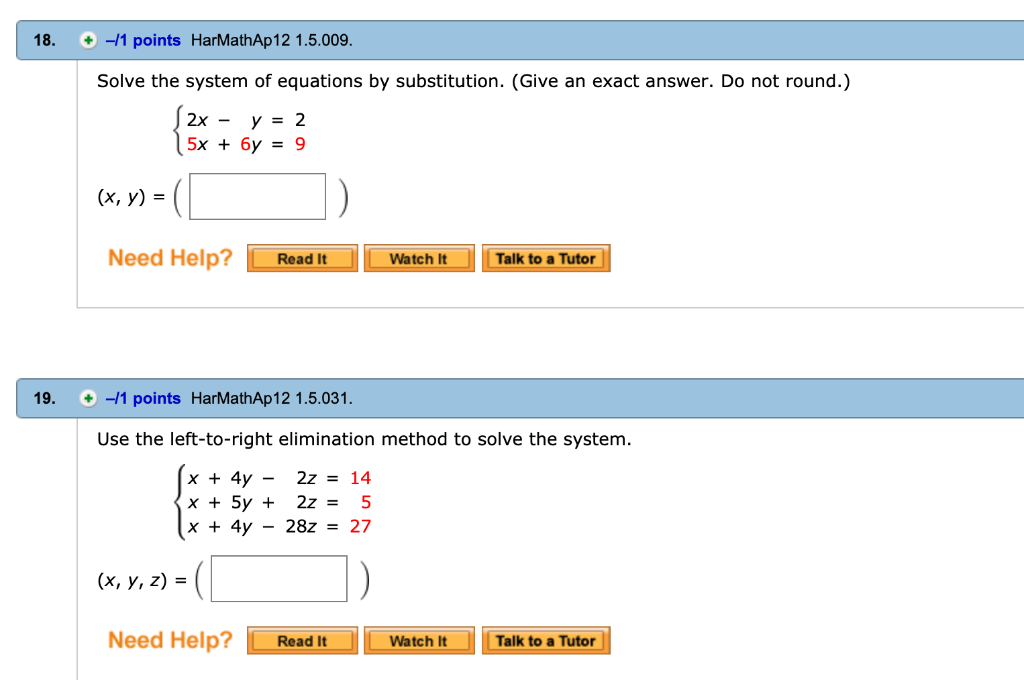 Solved 11 points HarMathAp12 1.5.009. 18. Solve the system | Chegg.com
