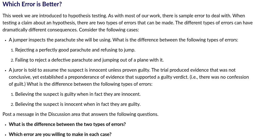 Solved Which Error is Better? This week we are introduced to | Chegg.com