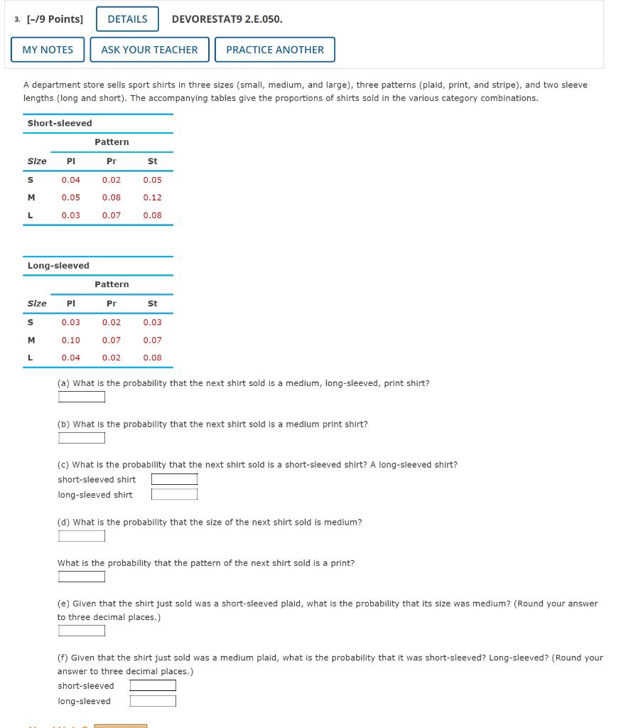 Solved 3. (-19 Points) DETAILS DEVORESTAT9 2.E.050. MY NOTES | Chegg.com