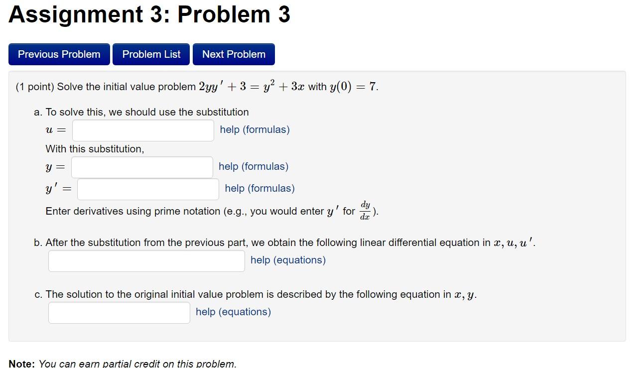 Solved point) Solve the initial value problem 2yy′+3=y2+3x | Chegg.com