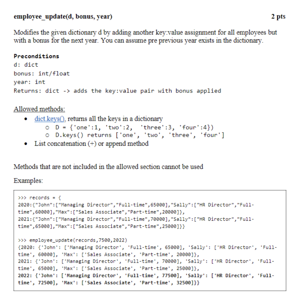 Solved In python Source code: def employee_update(d, bonus, | Chegg.com
