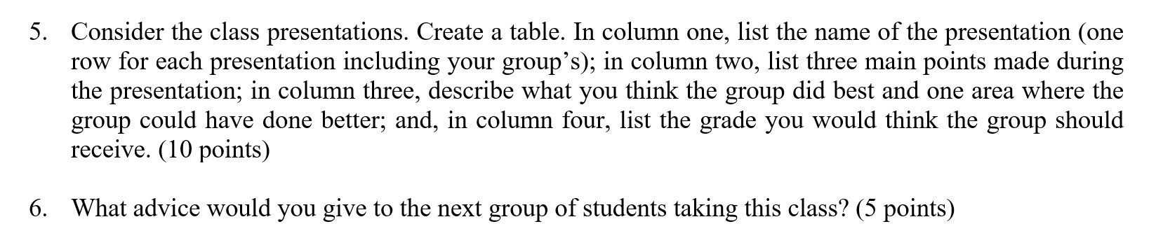 Solved 5. Consider the class presentations. Create a table. | Chegg.com