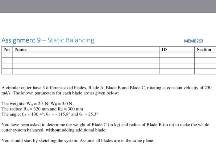Solved Assignment 9 - Static Balancing No Name MEMB263 ID | Chegg.com