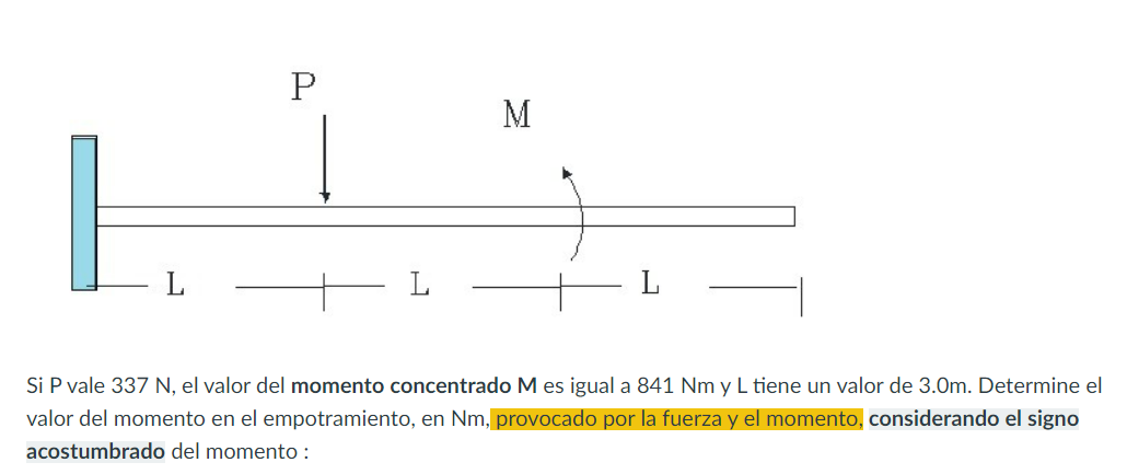 Si P vale \( 337 \mathrm{~N} \), el valor del momento concentrado \( \mathrm{M} \) es igual a \( 841 \mathrm{Nm} \) y L tiene