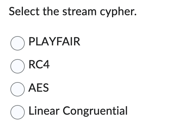 Solved Select the stream cypher. PLAYFAIR RC4 AES Linear | Chegg.com