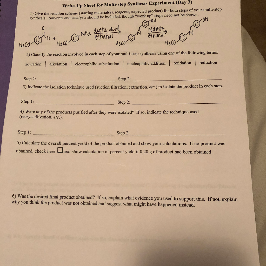 Write-Up Sheet For Multi-Step Synthesis Experiment | Chegg.com