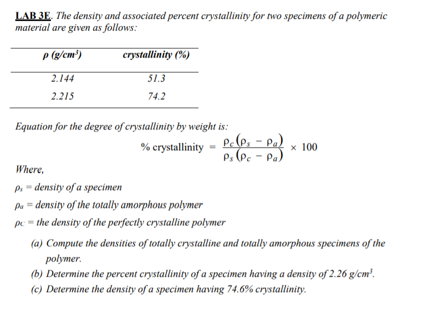 Solved LAB 3E. The density and associated percent