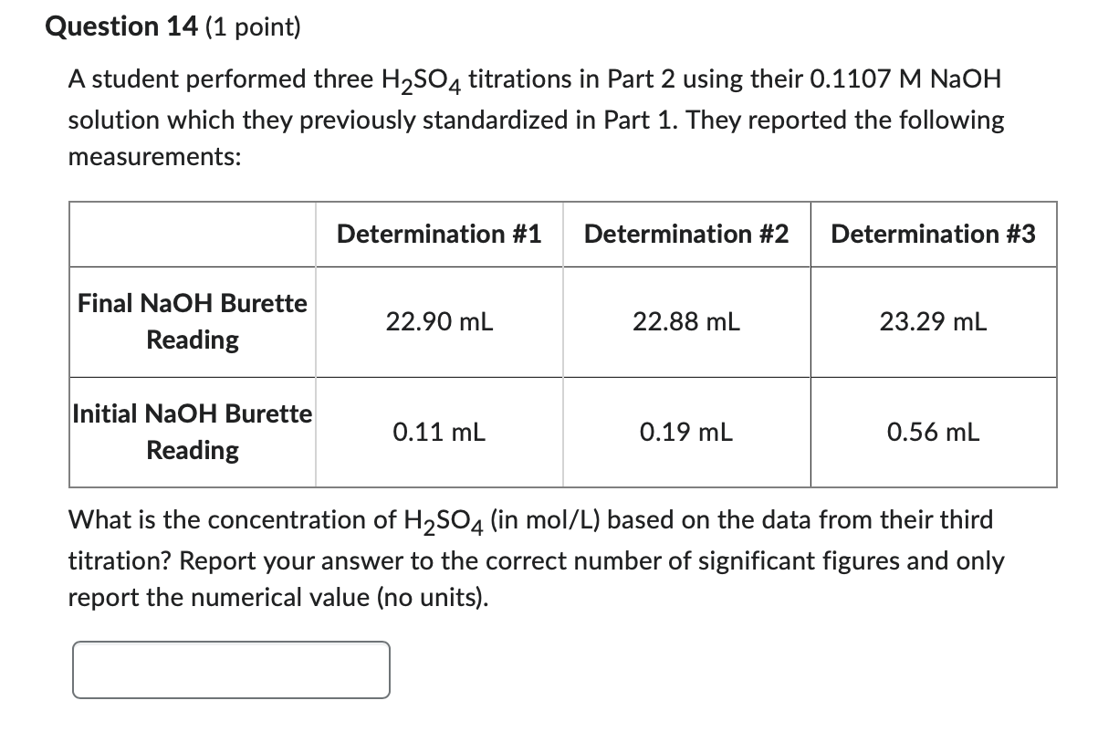 Solved A student performed three H2SO4 titrations in Part 2