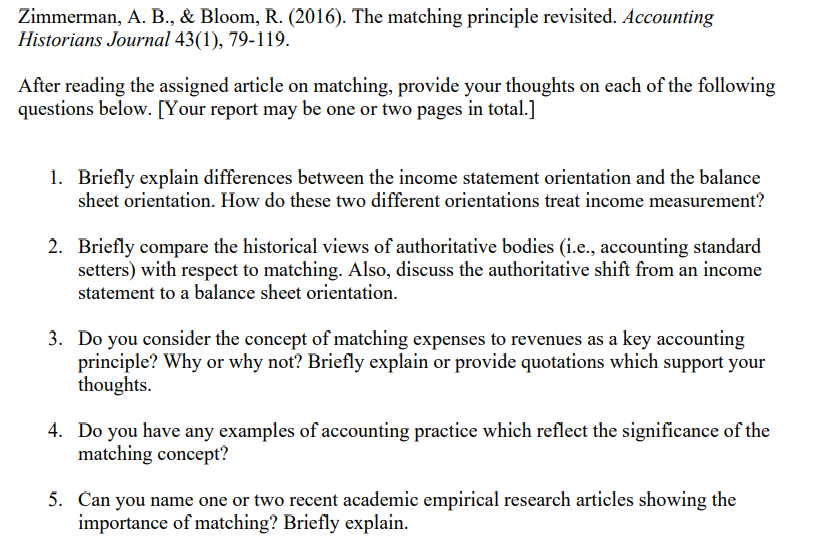 Zimmerman, A. B., &amp; Bloom, R. (2016). The matching | Chegg.com