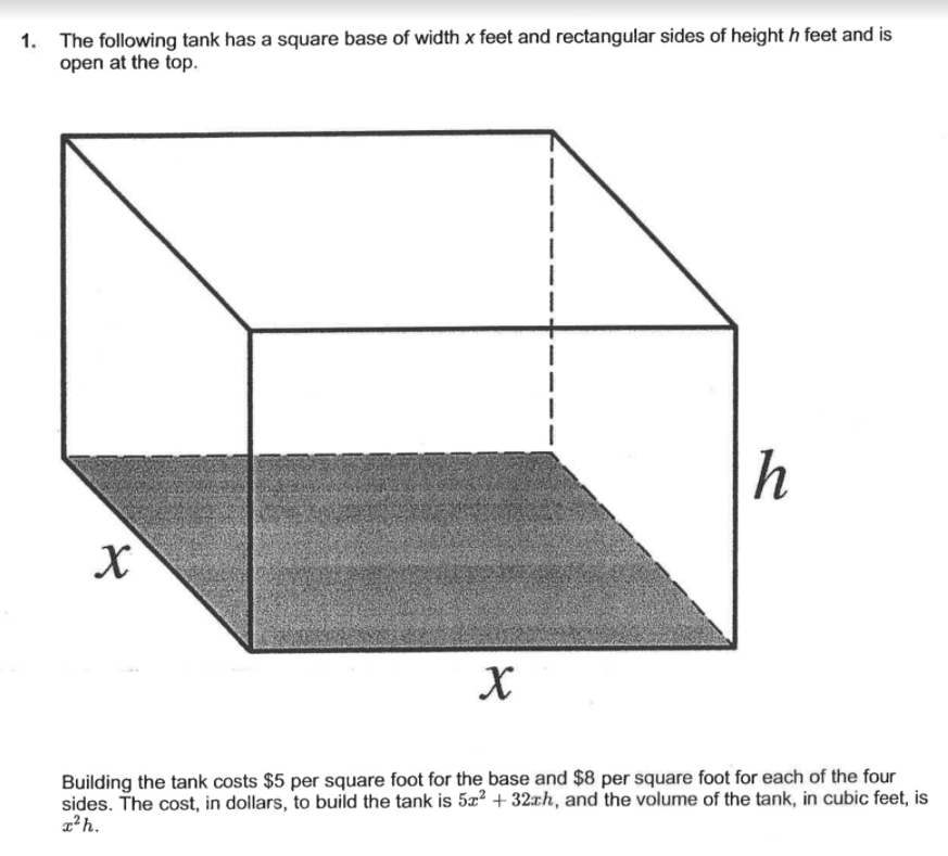 Solved 1. The following tank has a square base of width x | Chegg.com