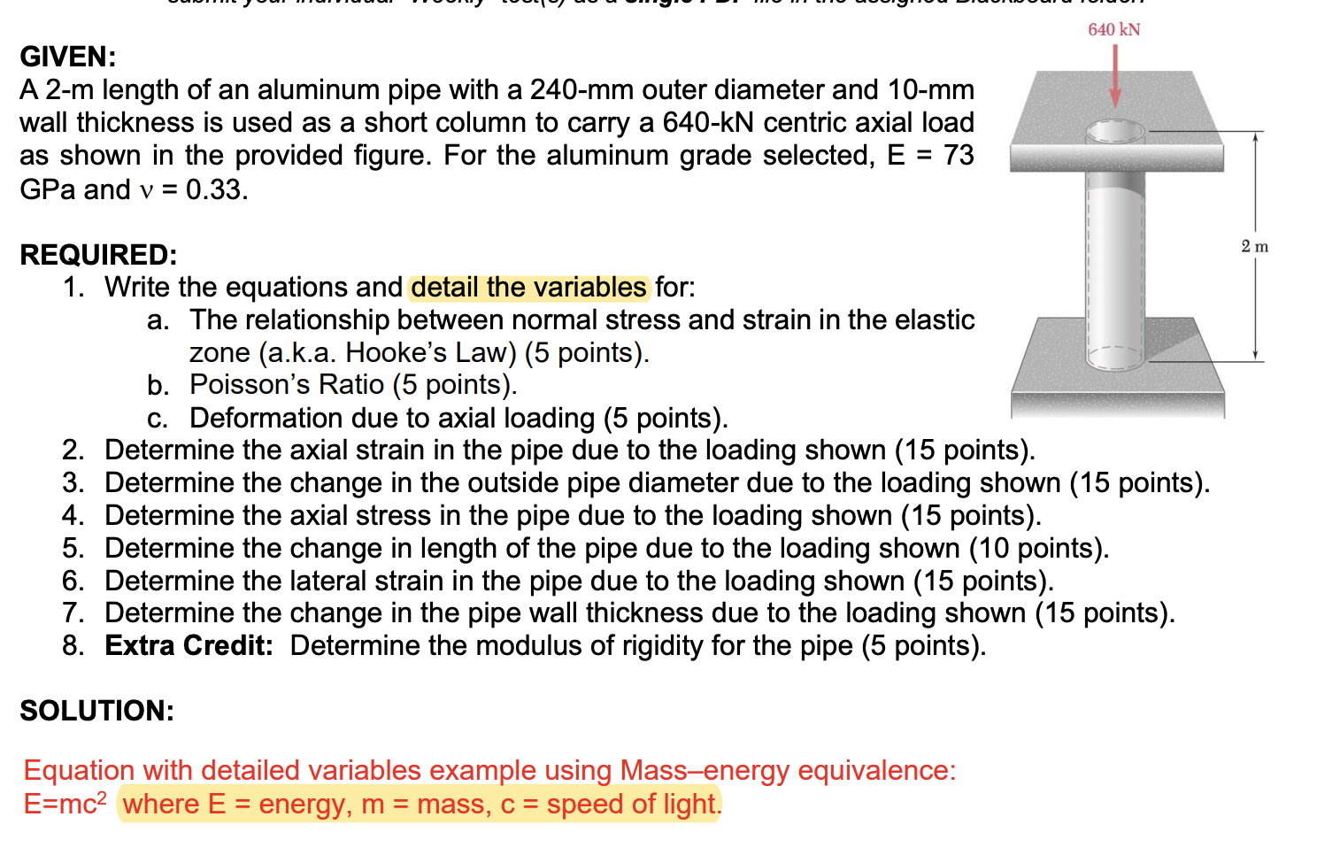 Solved 640 kN GIVEN A 2m length of an aluminum pipe with a