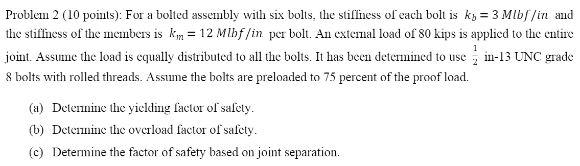 Solved Problem 2 (10 points): For a bolted assembly with six | Chegg.com