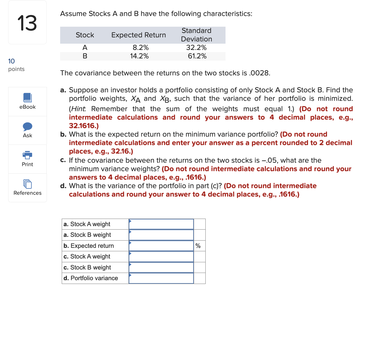 Solved Assume Stocks A And B Have The Following | Chegg.com