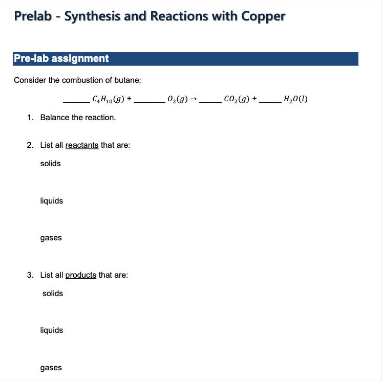 Solved Prelab Synthesis and Reactions with Copper Prelab
