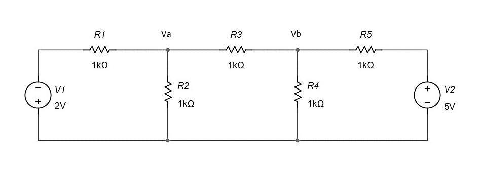 Solved R1 Va R3 Vb R5 1kΩ 1kΩ 1kΩ R2 R4 ν1 V2 2V 1kΩ 1kΩ 5V | Chegg.com