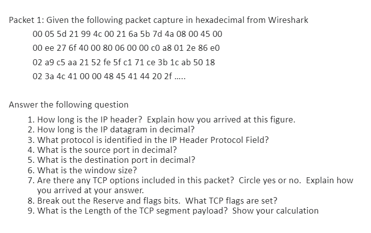Solved Packet 1: Given the following packet capture in | Chegg.com
